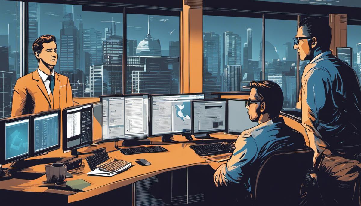 Illustration of an IT project manager overlooking a team working on a project