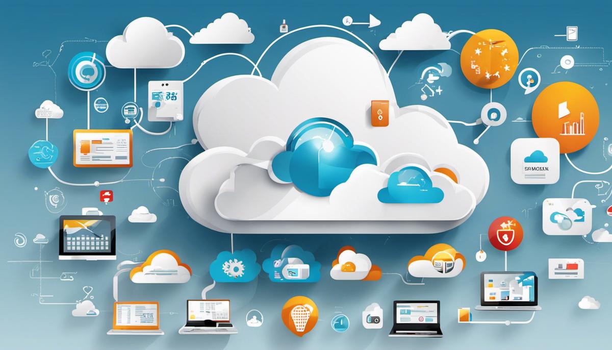 Illustration of various cloud-related icons and technologies