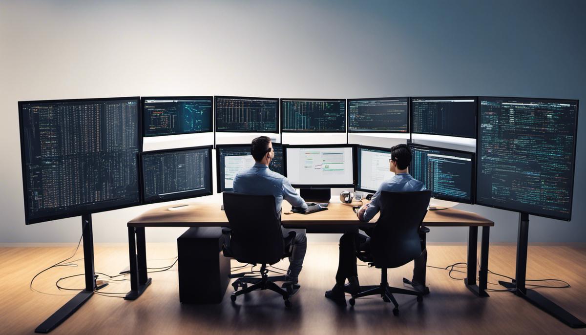 Image depicting a DevOps engineer working on a computer with code displayed on the screen.