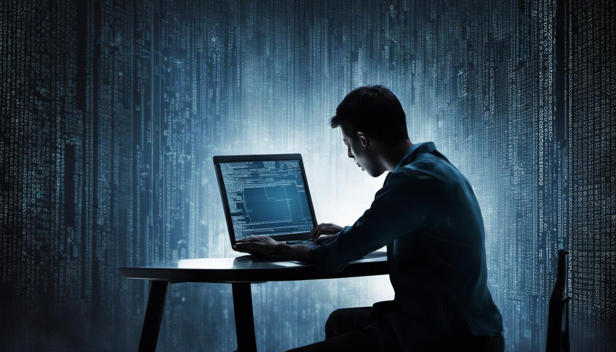 Image depicting a person working on a laptop with computer code in the background.