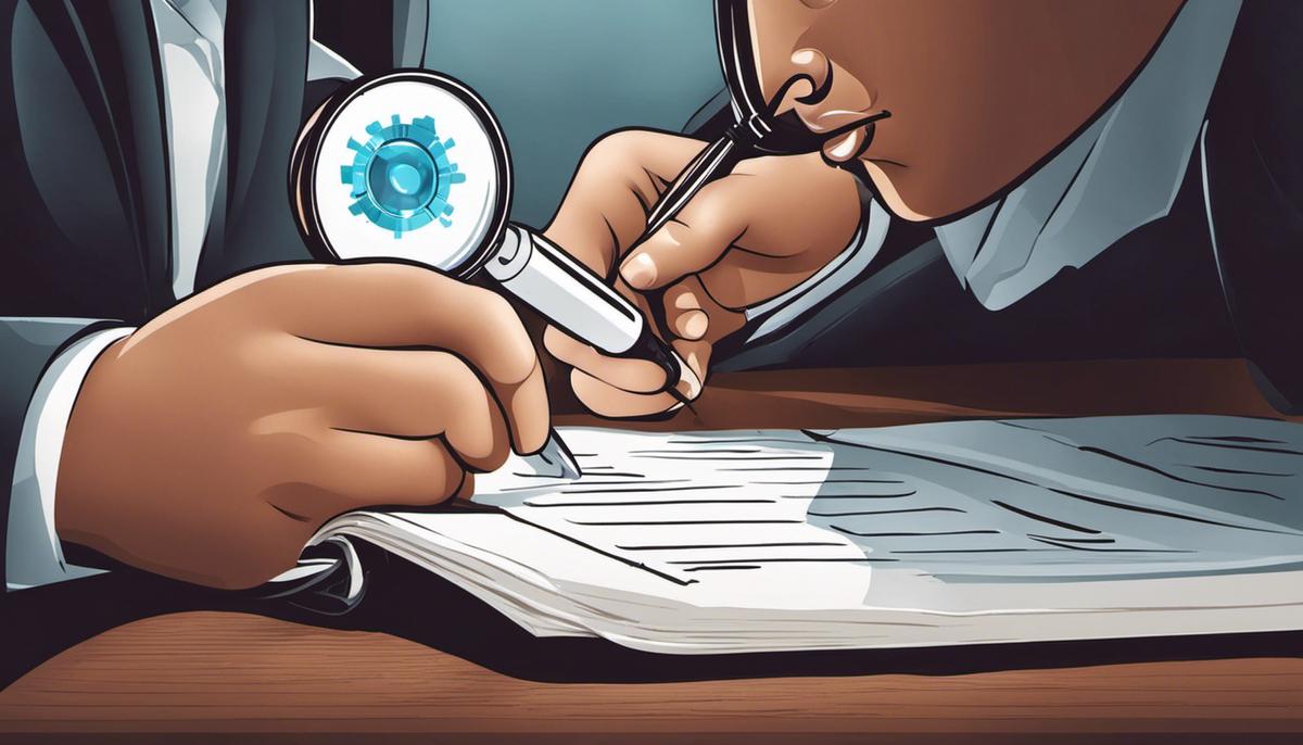 An illustration depicting a person conducting software testing with a magnifying glass, symbolizing the examination and evaluation process.