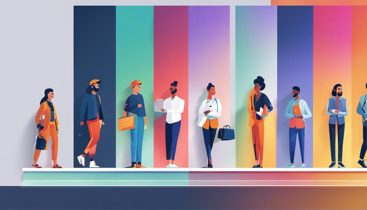 Illustration of different UX design positions lined up in a row, representing the diversity of roles in UX design.